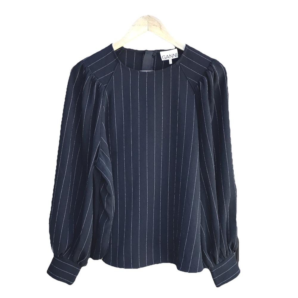 GANNI Black Pinstripe Puff Sleeve Blouse Size 40 Long Sleeve Career Top